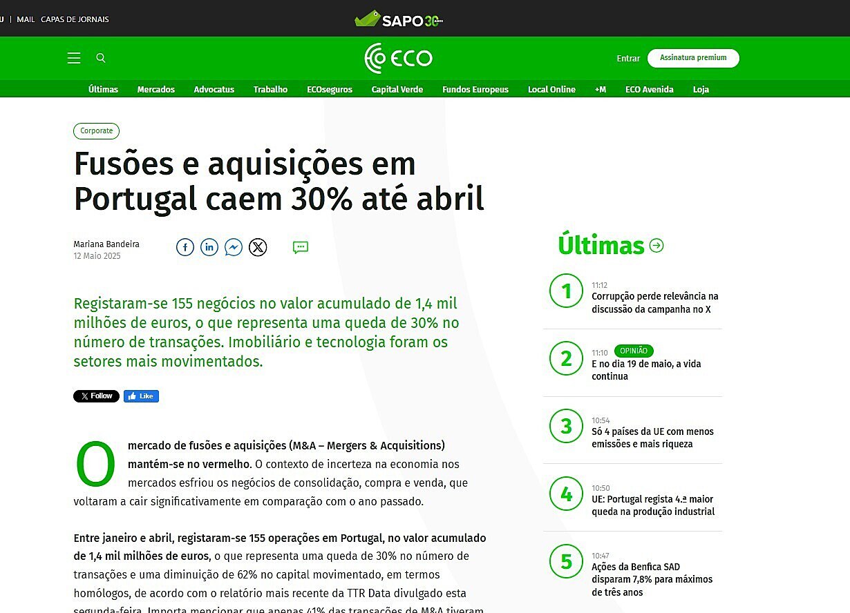 Fuses e aquisies em Portugal caem 30% at abril